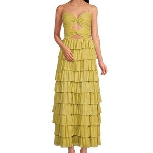 Gianni Bini Grace Metallica Plisse Sweetheart Neck Cut-Out Tiered Gown Dress